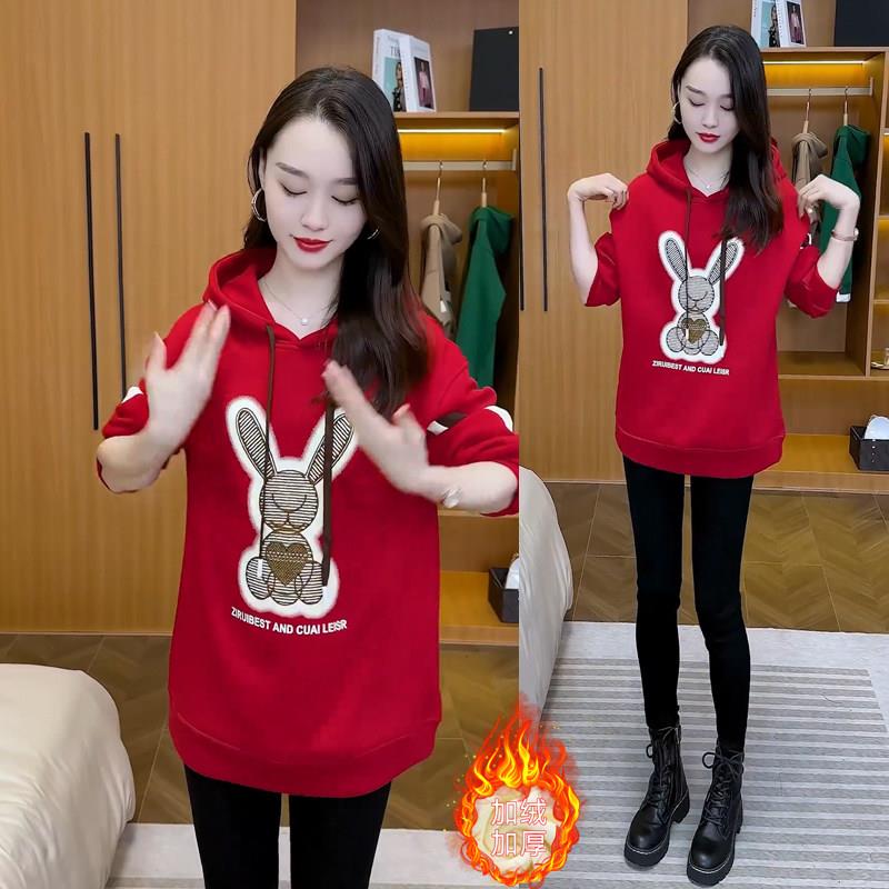 推荐时尚休闲加绒加厚连帽卫衣女2026秋冬新款宽松显瘦中长款保暖