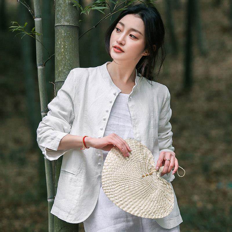 推荐棉麻西装外套女薄款春秋新款文艺复古亚麻上衣中式立领棉质小