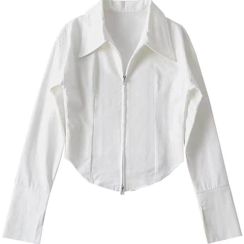 新品法式拉链白色叠穿衬衫女秋冬设计感短款别致上衣内搭打底长袖