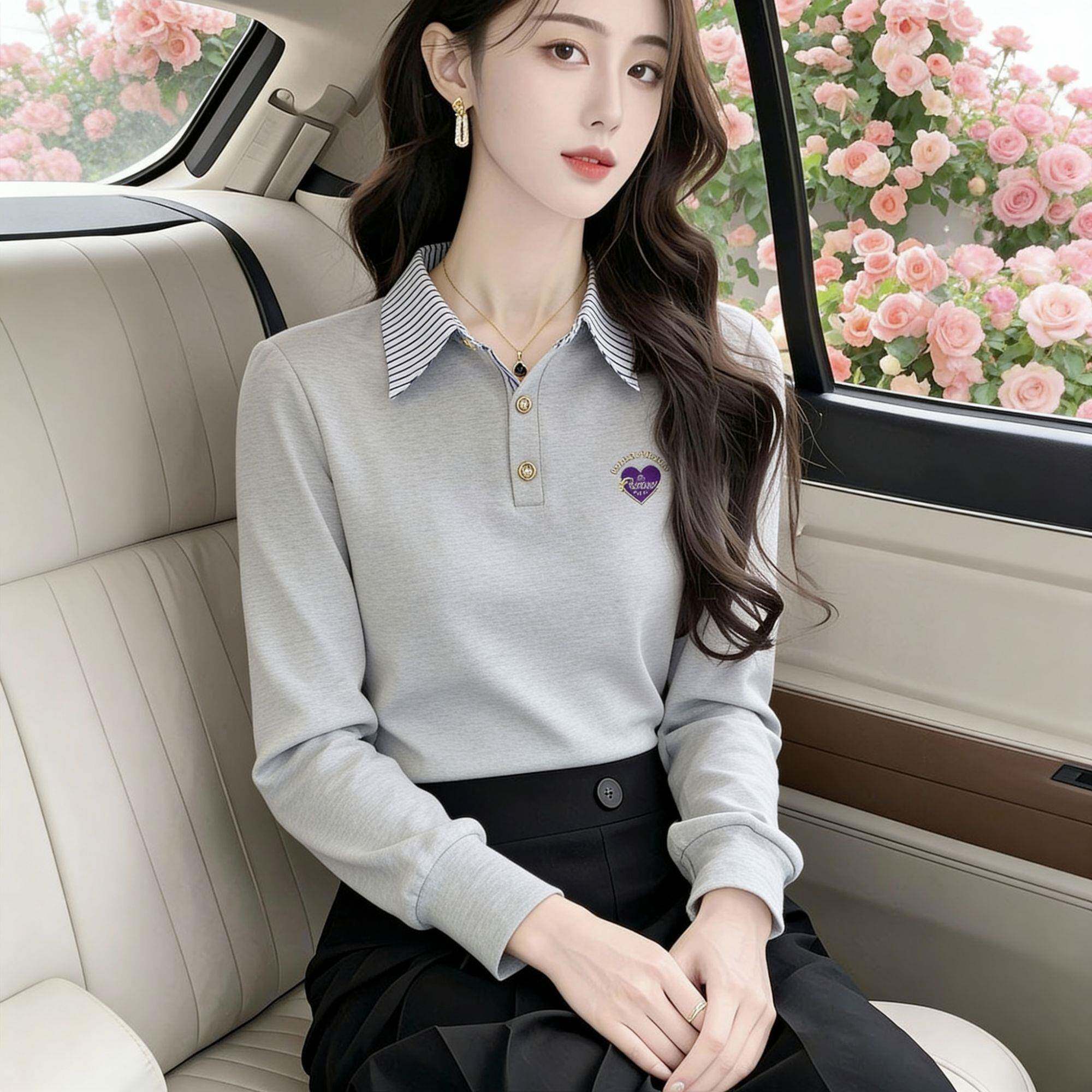 推荐高级假两件拼接长袖T恤女士2026秋季爆款百搭薄款秋衣POLO领