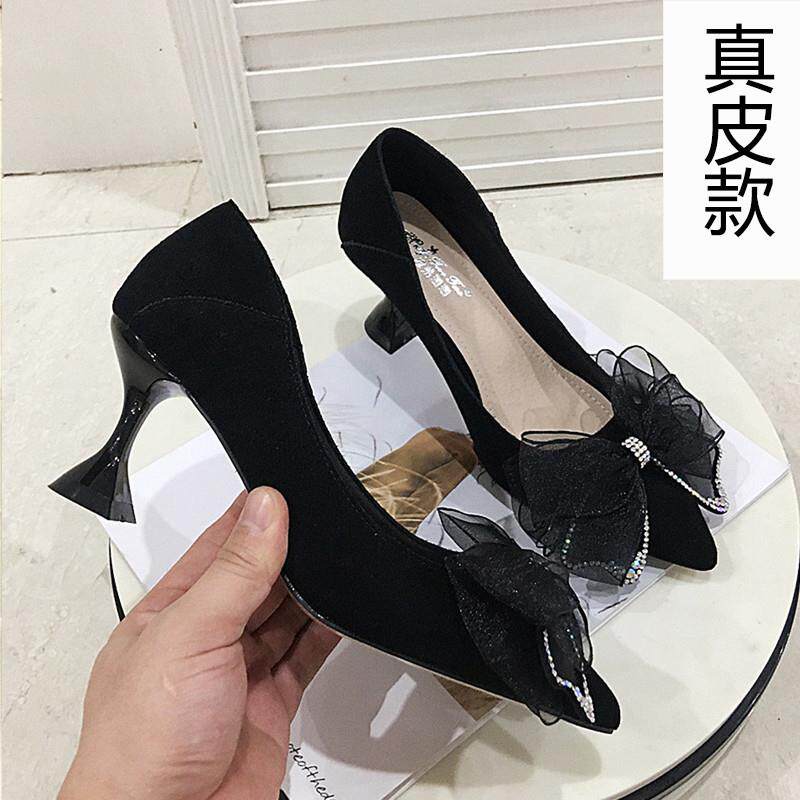 新品晚礼服高跟鞋女秋季闪亮水钻尖头浅口粗跟蝴蝶结单鞋宴会时尚