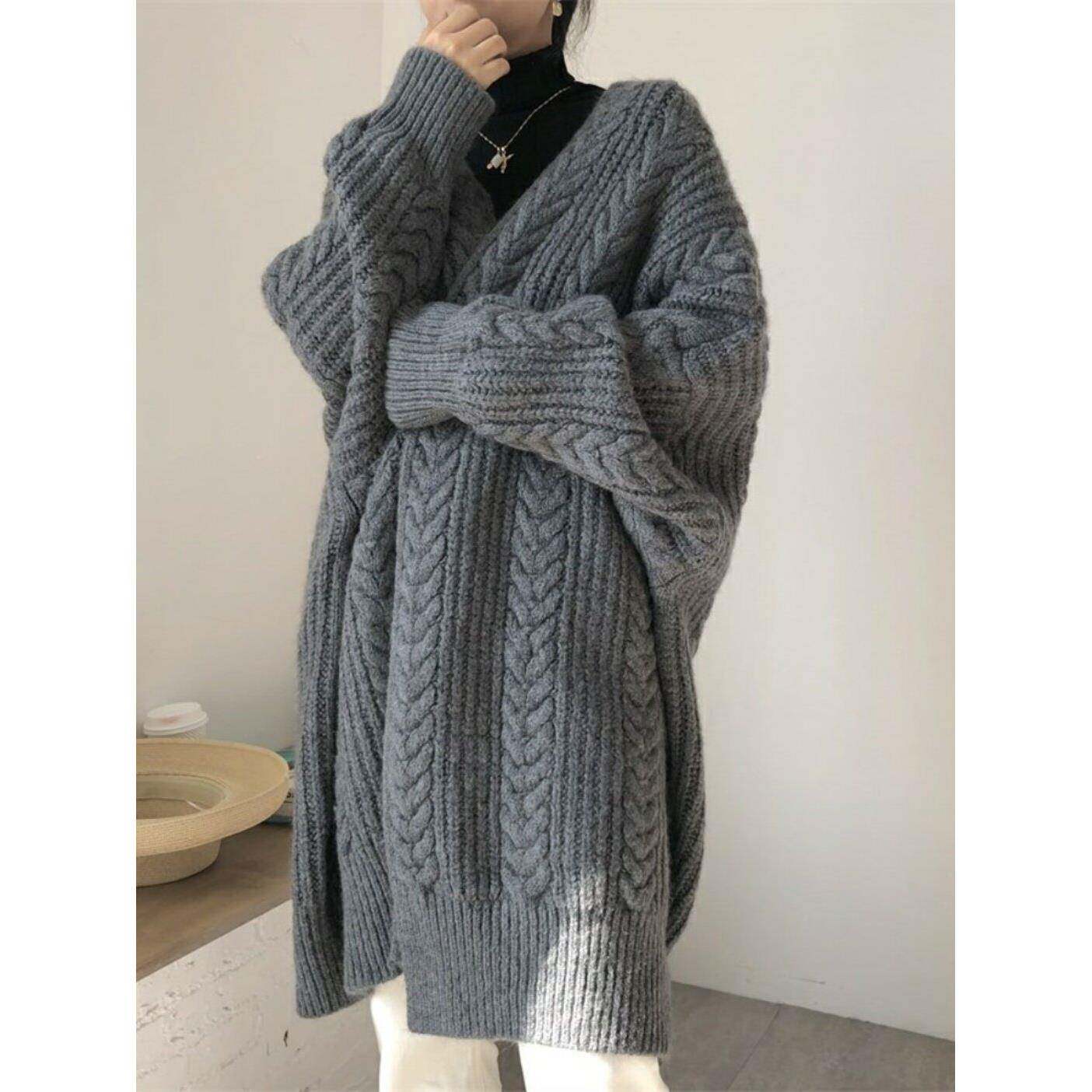 推荐中长款毛衣外套女秋冬欧货洋气大版加厚麻花复古慵懒粗线针织