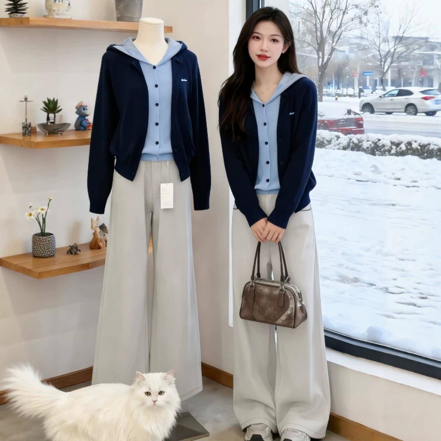 推荐巨好看假两件连帽针织开衫毛衣女2026秋冬季大码胖mm时尚洋气