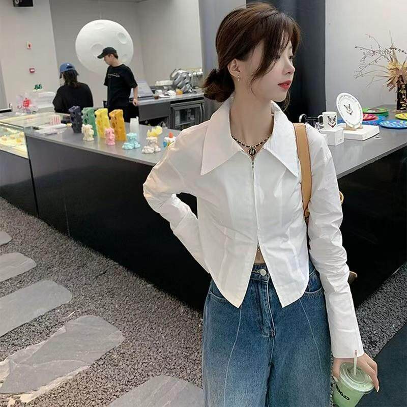 新品法式气质拉链白色衬衫女春秋设计感短款别致上衣内搭打底长袖