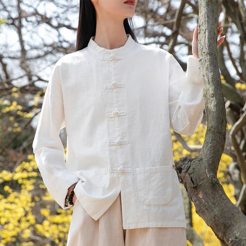 推荐禅意复古盘扣立领棉麻衬衫上衣中国风宽松太极服练功长袖外套