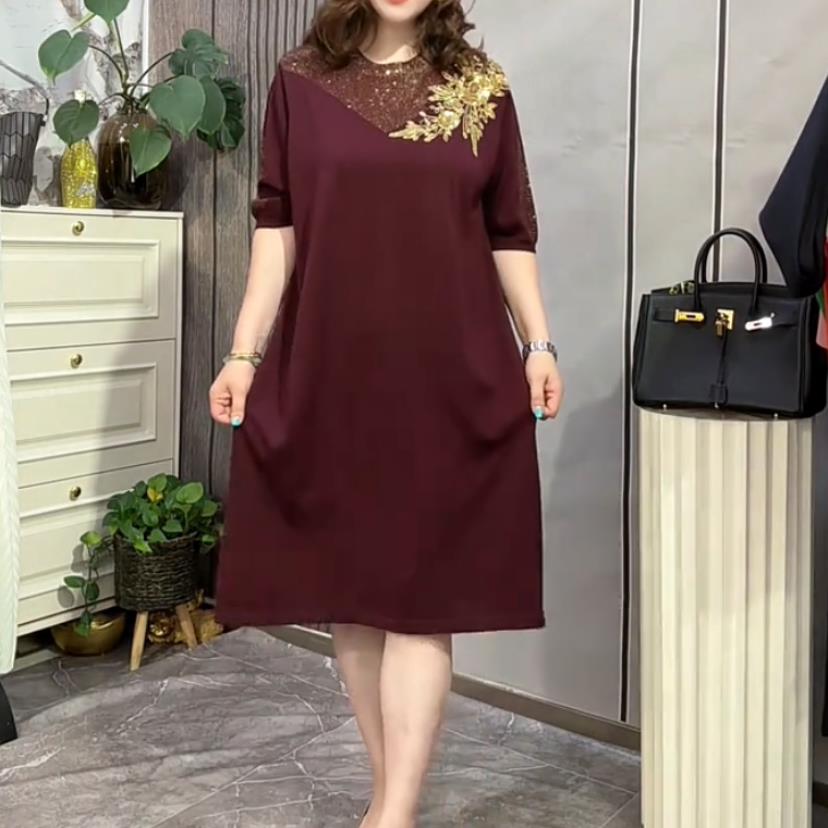 推荐洋气时尚新款圆领烫钻亮片中袖连衣裙秋季中老年宽松百搭妈妈