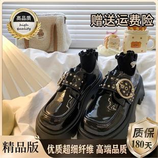 新品厚底黑色小皮鞋女2025早秋新款粗跟增高英伦风圆头甜酷jk乐福