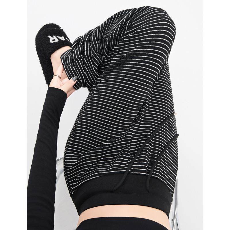 新品韩系松弛慵懒风休闲百搭阔腿裤小个子女秋冬季撞色条纹宽松拖