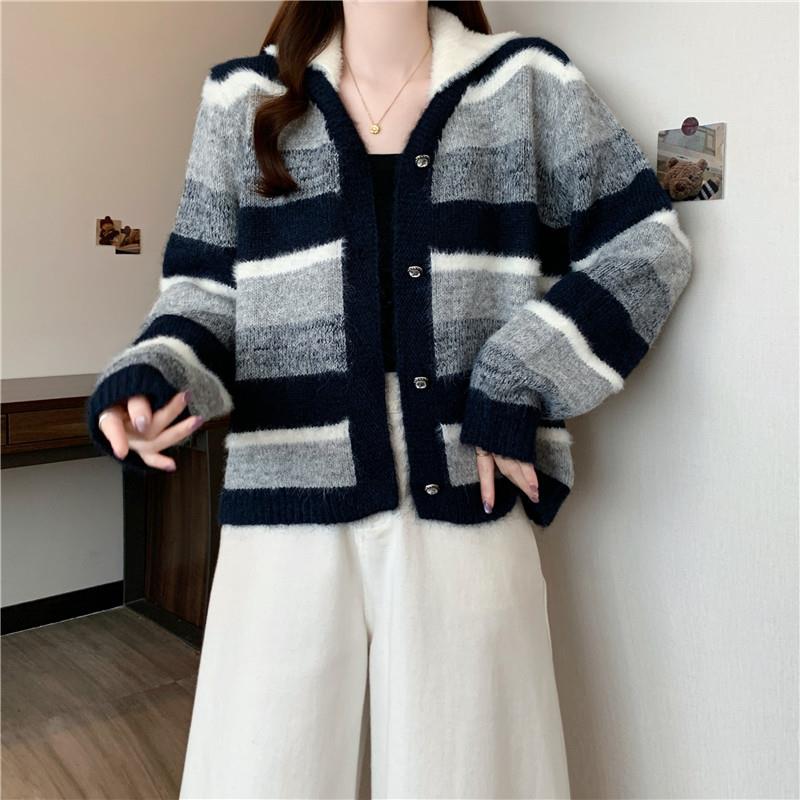 推荐条纹翻领针织开衫毛衣