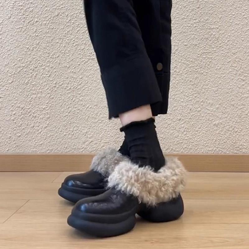 推荐毛毛鞋女厚底一脚蹬加绒保暖短筒雪地靴女圆头复古百搭小皮鞋