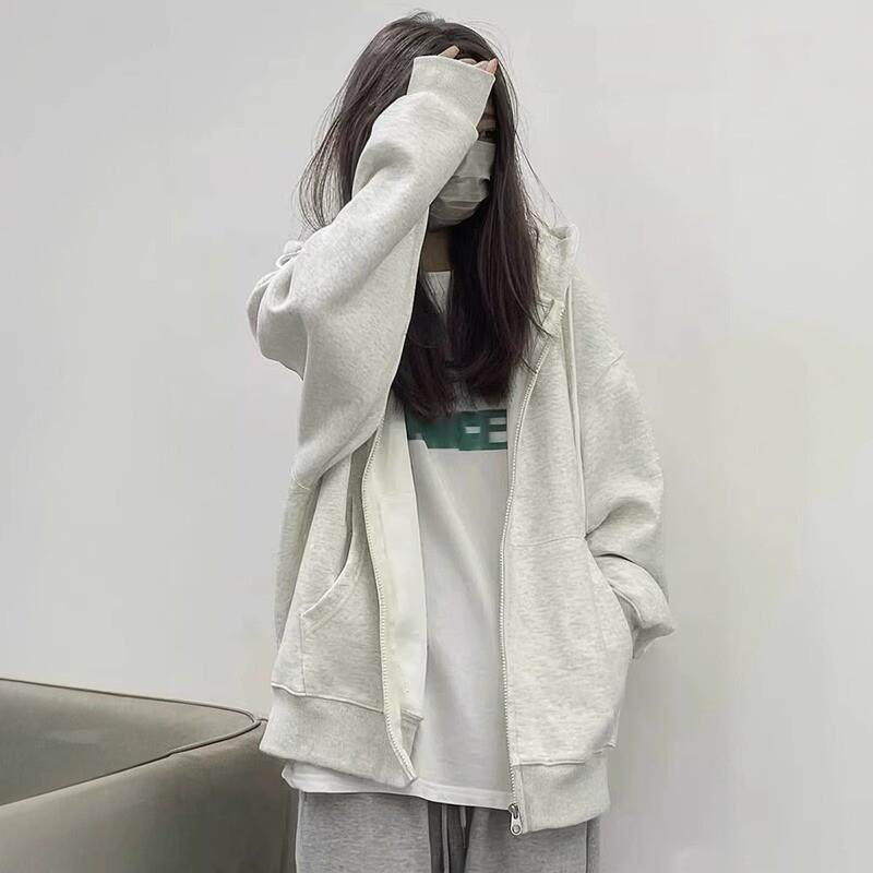 新品灰色卫衣外套女款连帽开衫2025新款早秋宽松拉链冬季加绒加厚