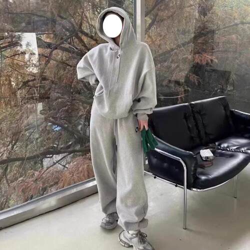 推荐特大码300斤胖MM秋冬新款慵懒风运动服套装连帽卫衣宽松两件