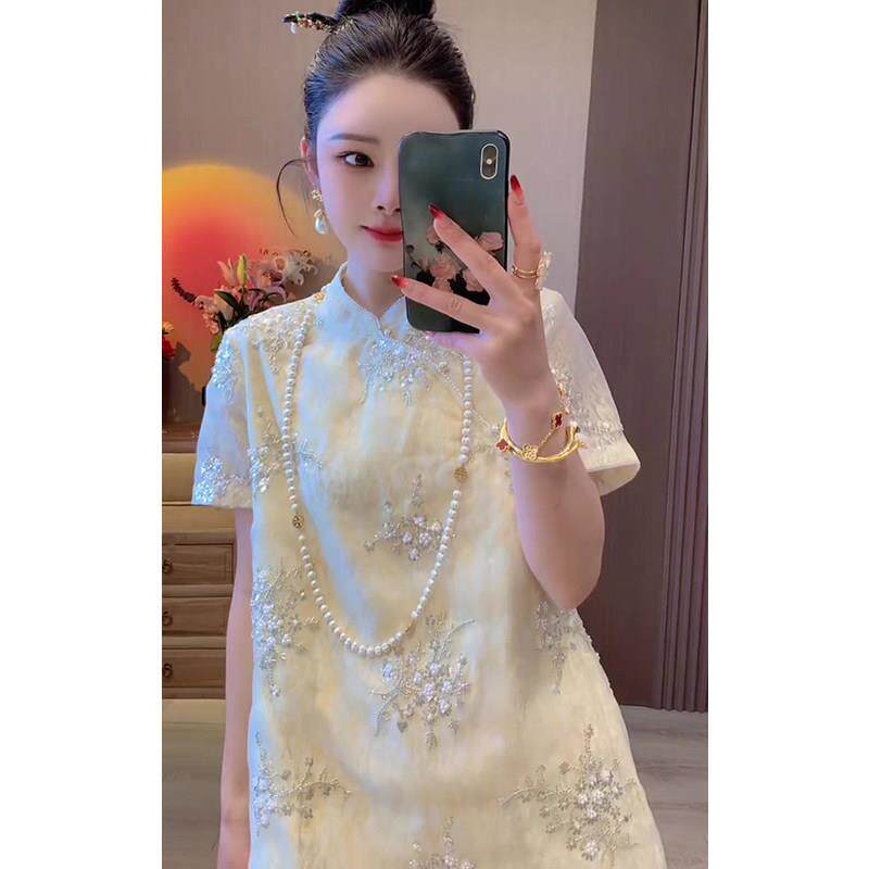 推荐欧货重工亮片钉珠设计感连衣裙女2026春季新款立领显瘦遮肚旗