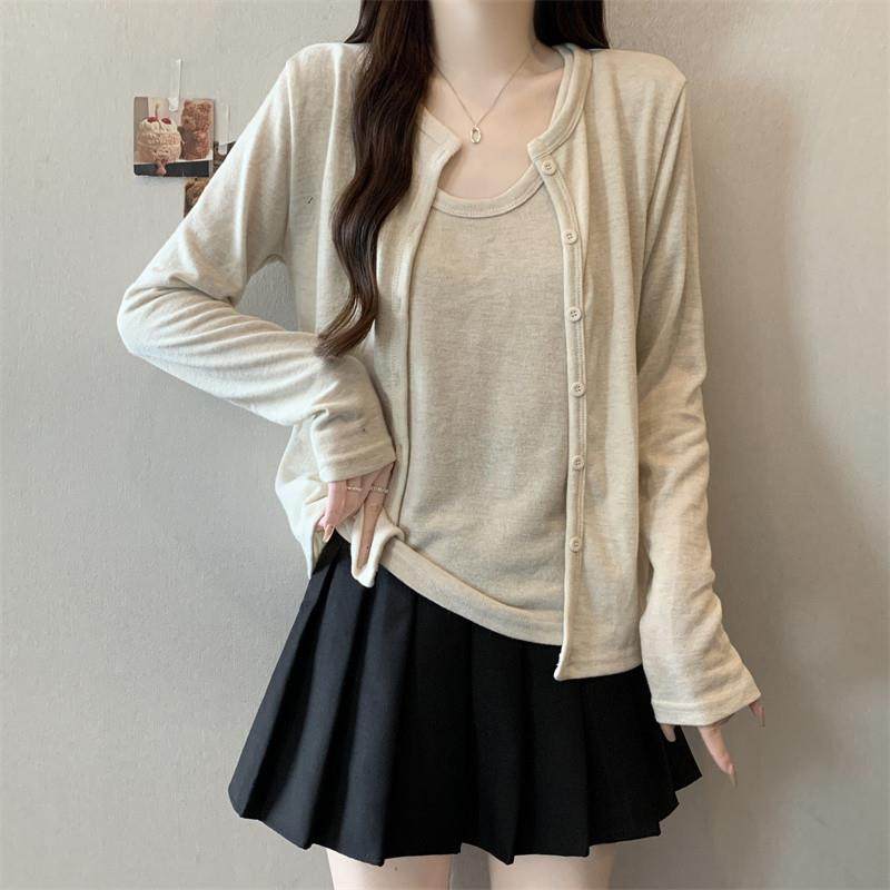 新品大码针织吊带开衫套装女韩系简约胖mm时尚叠穿背心两件套上衣