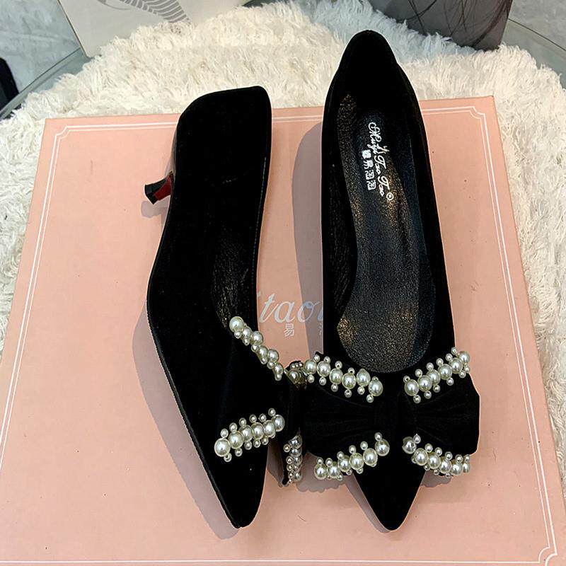 新品黑色高跟鞋女春职场粗跟3cm鞋子女软皮不累脚珍珠蝴蝶结低跟