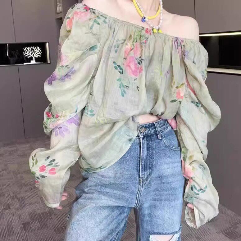推荐法式大码一字肩长袖苎麻衬衫女2026新款麻料碎花衬衣显瘦短款