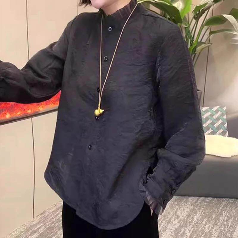 新品2025春秋新款法式立领木耳边白色长袖衬衫女设计感花边打底衫