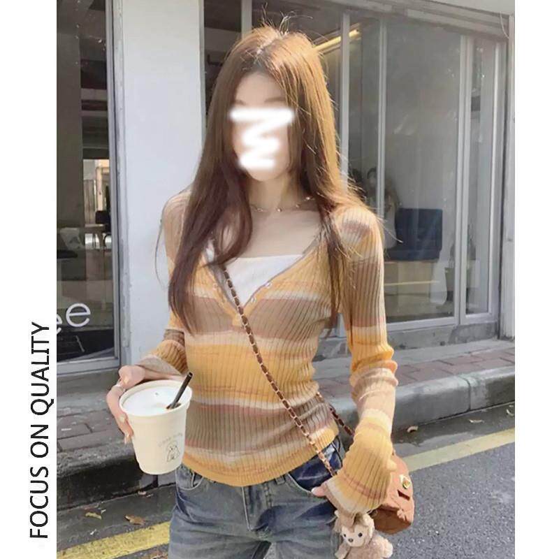 新品条纹修身长袖针织衫女秋冬2025新款套头毛衣内搭深V领打底衫