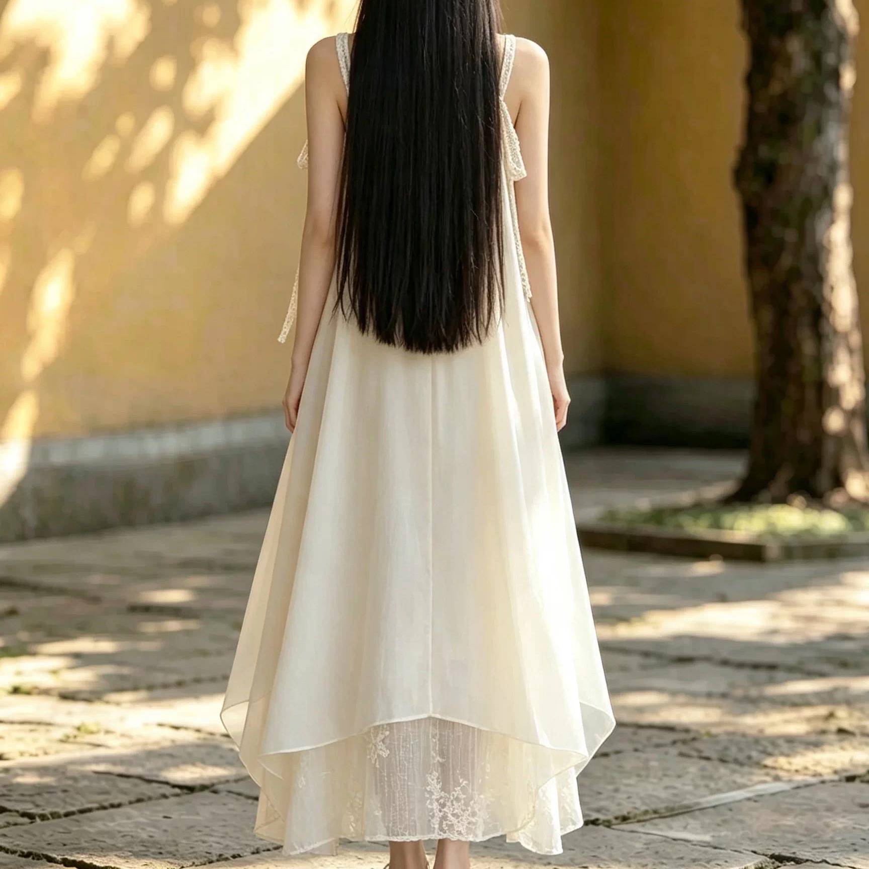 推荐复古文艺仙女风蕾丝吊带连衣裙清新素雅大摆飘逸中长裙打底背