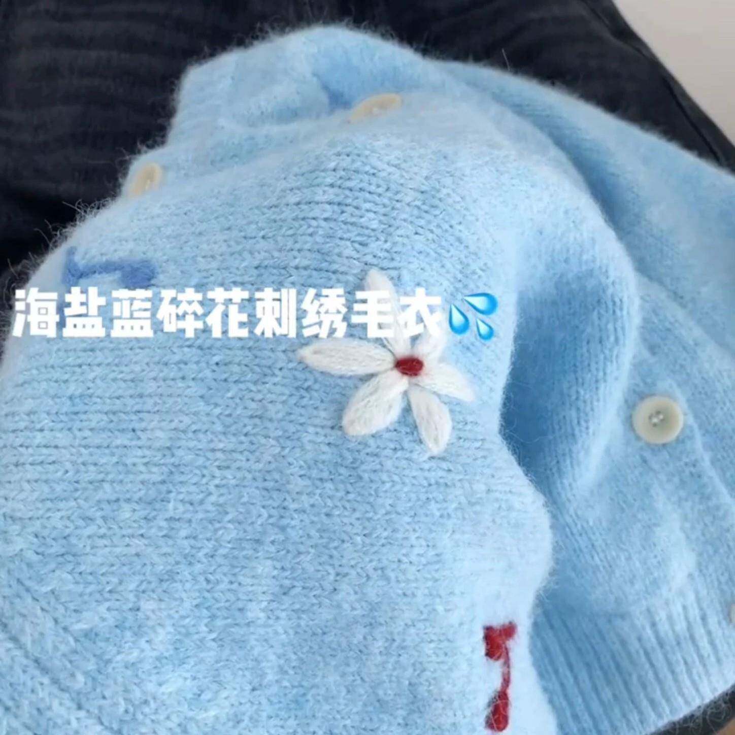 推荐韩系甜美风蓝色花朵刺绣针织开衫女毛衣圆领减龄秋冬新款宽松