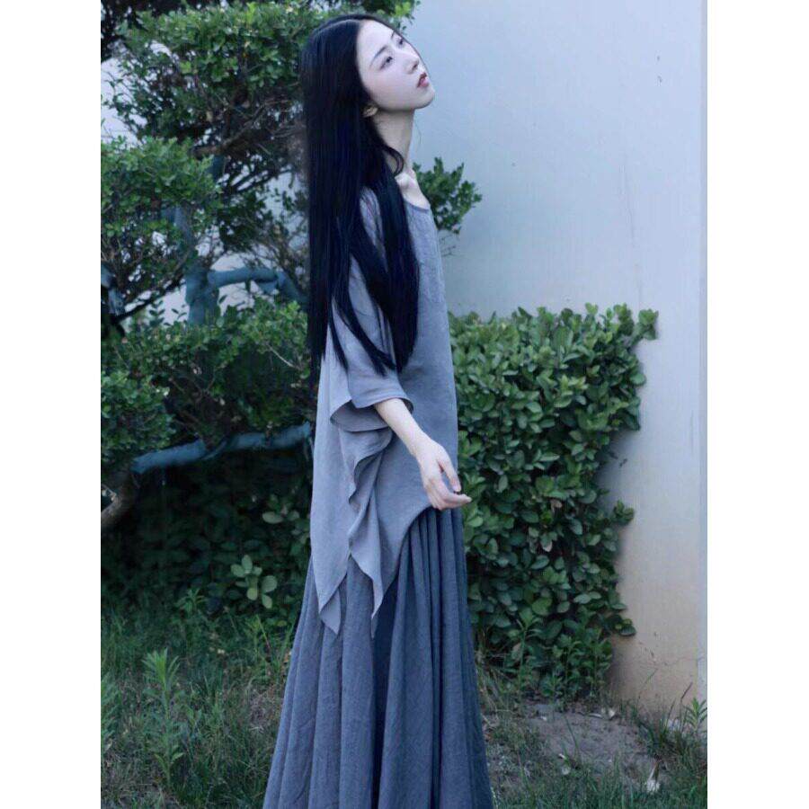 推荐宽松休闲仙气飘逸不规则茶服套装女新中式禅意复古扇舞棉麻三