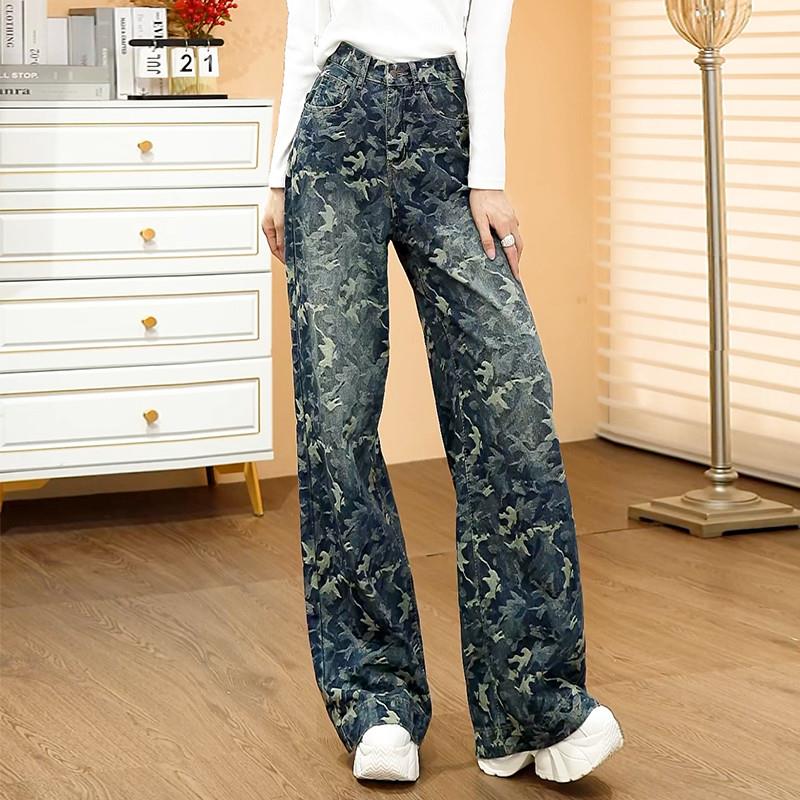 新品美式复古高街迷彩牛仔阔腿裤女春秋2025新款韩版垂感直筒拖地