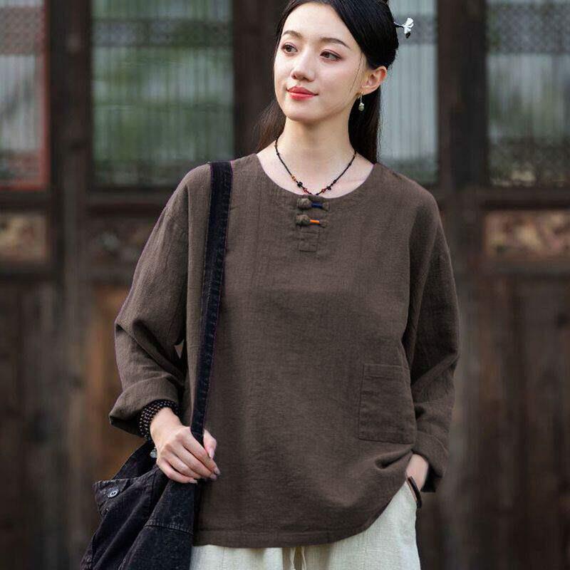 推荐新中式棉麻套装女复古盘扣长袖上衣宽松灯笼裤居士服禅茶服两