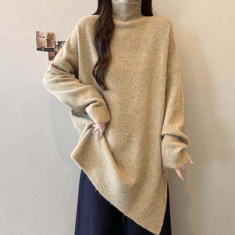 推荐大码女装不规则开叉中长款高领长袖毛衣秋冬季胖MM宽松遮屁股