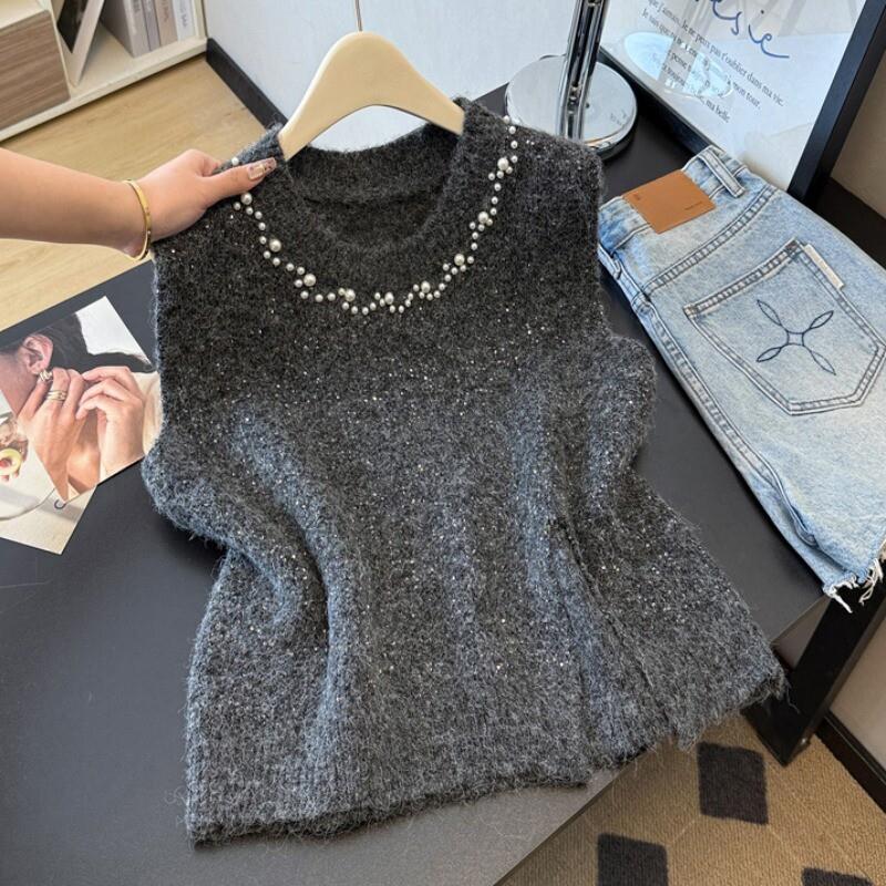 推荐重工钉珠针织背心马甲