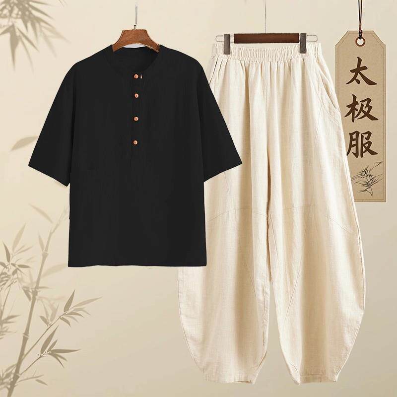 推荐新中式禅意休闲居士服套装佛系打坐盘扣棉麻灯笼裤宽松棉麻太