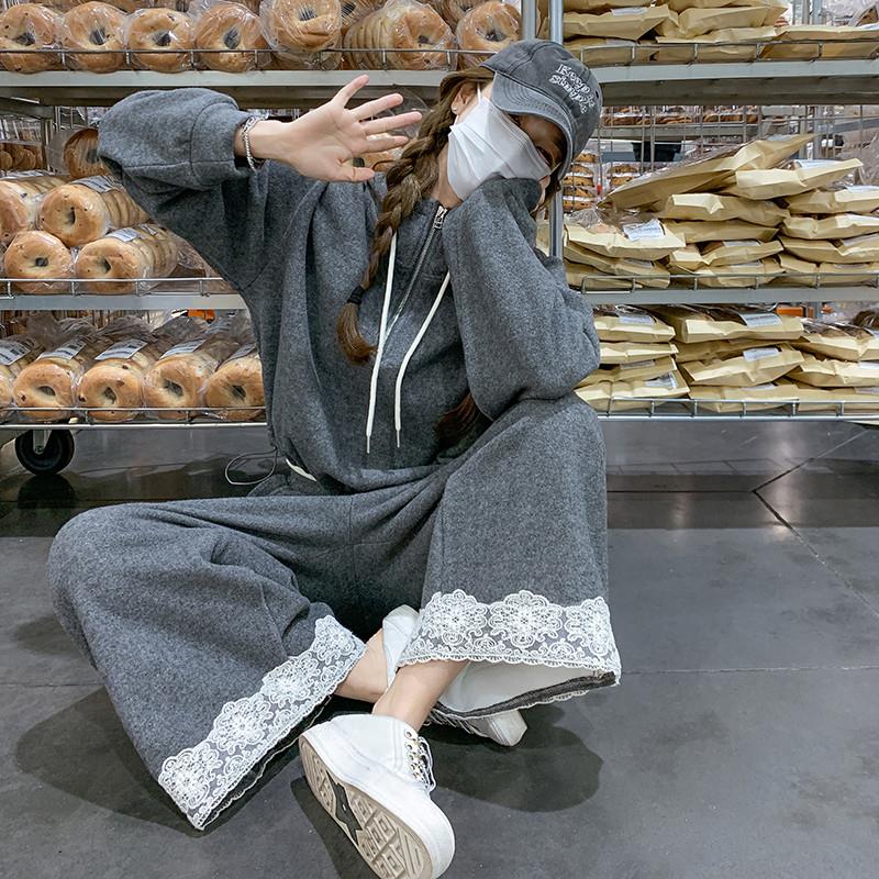 新品大码灰色休闲运动卫衣套装女春秋胖mm300斤蕾丝拼接阔腿裤两