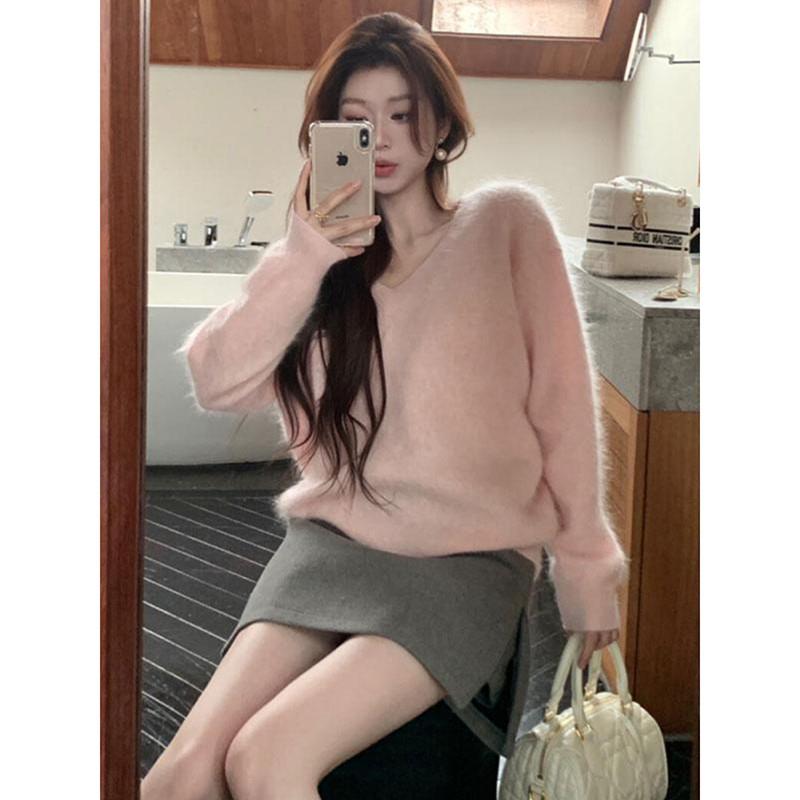 推荐韩系慵懒风粉色v领海
