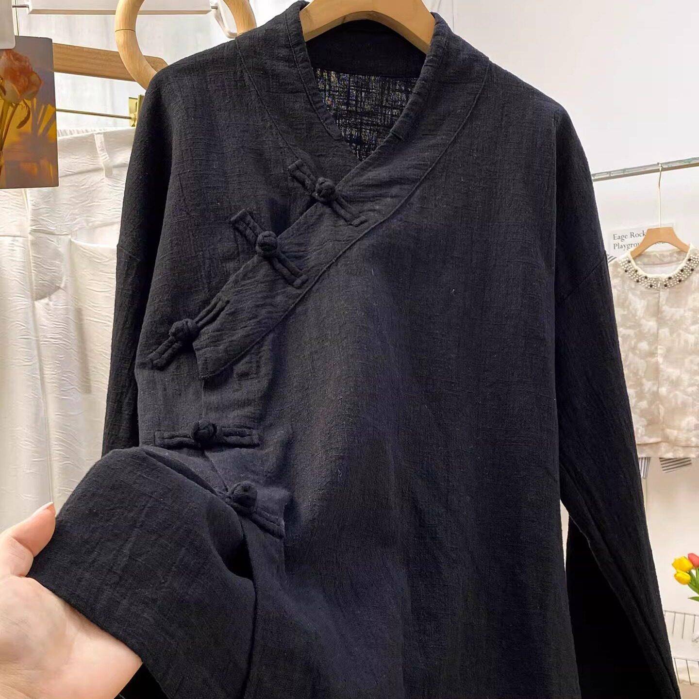 推荐新中式立领斜襟盘扣棉麻衬衫女式长袖宽松休闲百搭复古纯色上