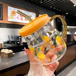 600ml高颜值玻璃杯印花带刻度杯家用喝水杯吸管杯情侣杯牛奶杯