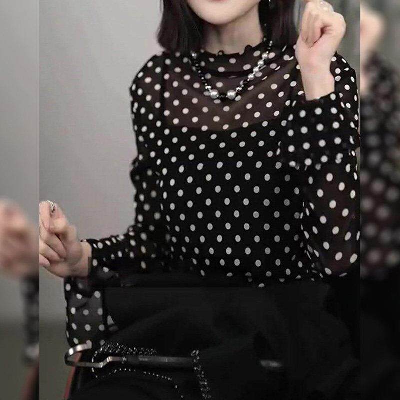 推荐黑色波点网纱长袖t恤女2026春季新款独特超好看气质修身内搭