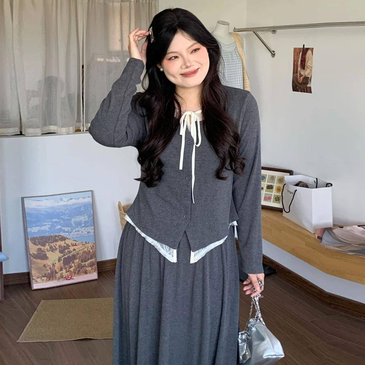推荐大码韩系温柔风蕾丝拼接假两件上衣半身裙女秋季胖mm显瘦穿搭