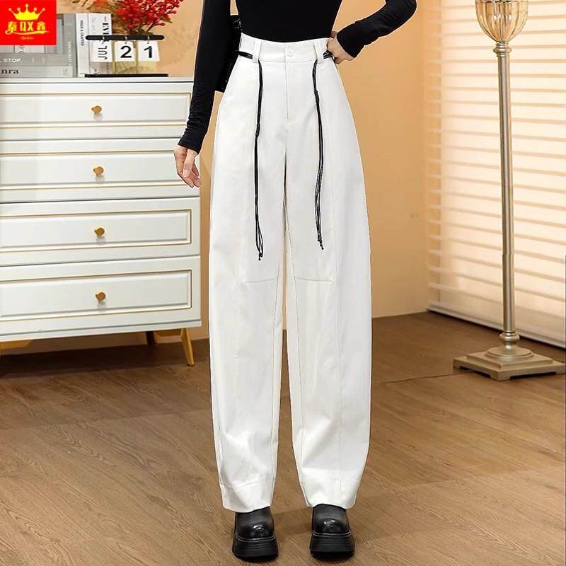 新品藏蓝色弯刀阔腿休闲裤女春秋2025年新款高腰显瘦宽松西装直筒