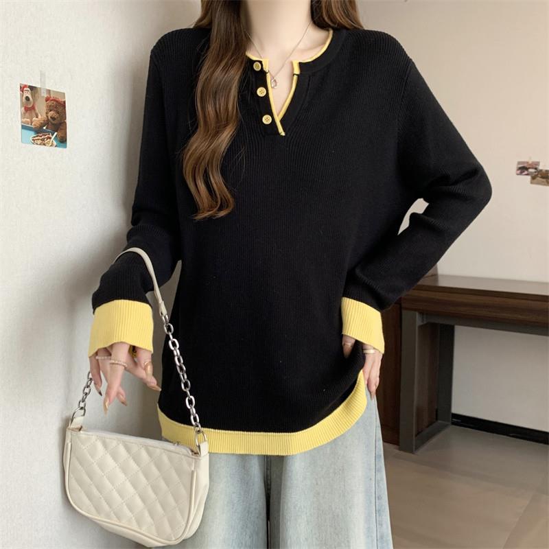 推荐设计感撞色V领长袖针