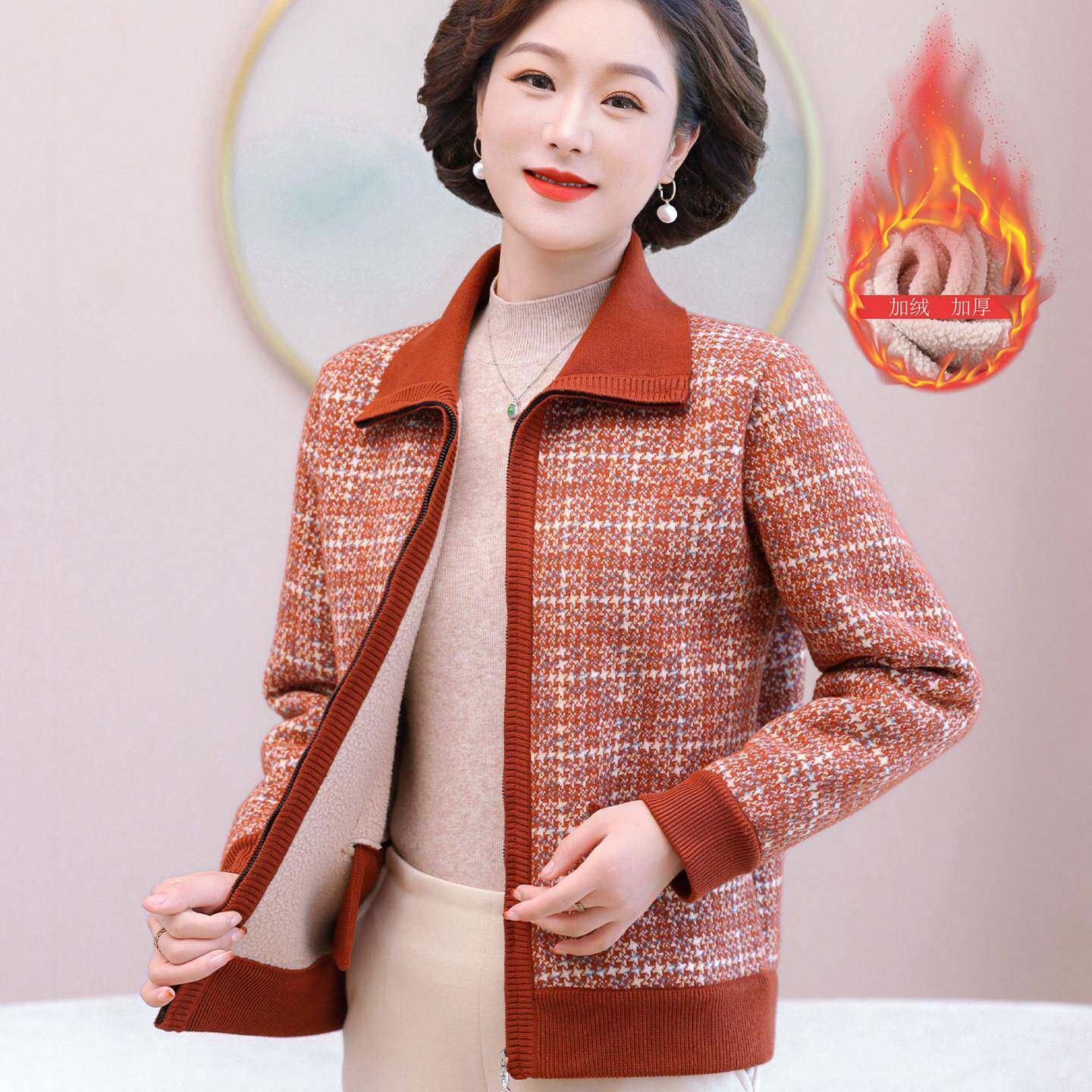 推荐2026妈妈秋冬装新款翻领开衫大码保暖上衣中老年人女加绒加厚
