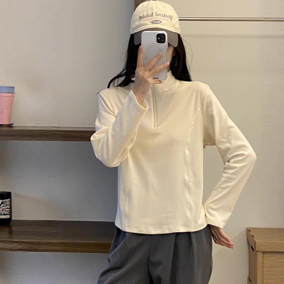 推荐双面德绒立领半拉链设计长袖t恤女秋冬季高领加绒打底衫内搭