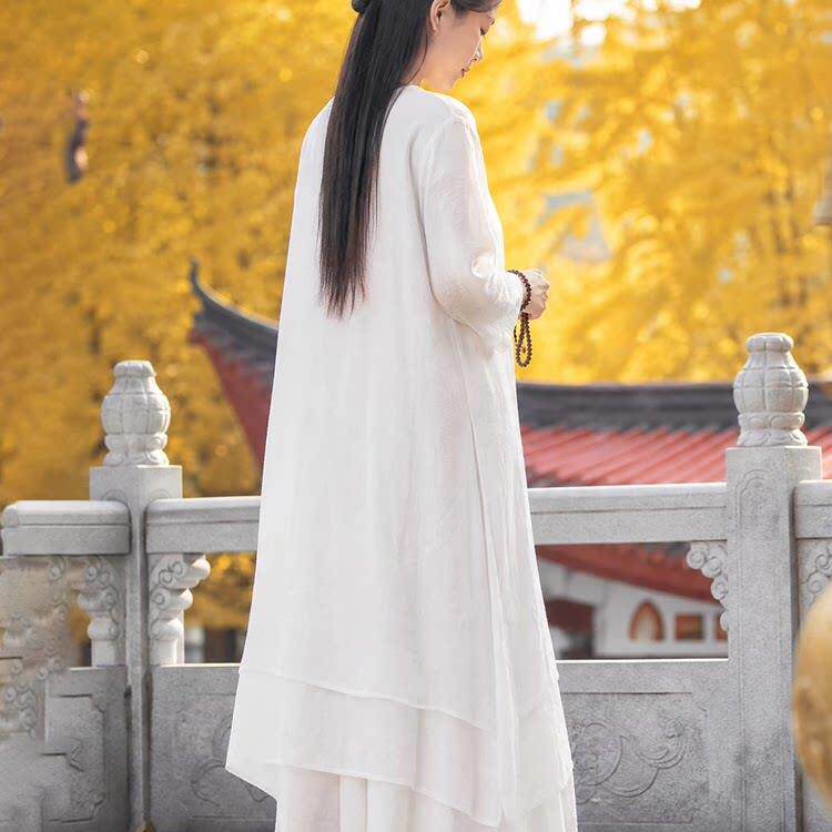 推荐清冷感仙气飘逸白色雪纺套装女中国风禅意佛系禅修居士太极练