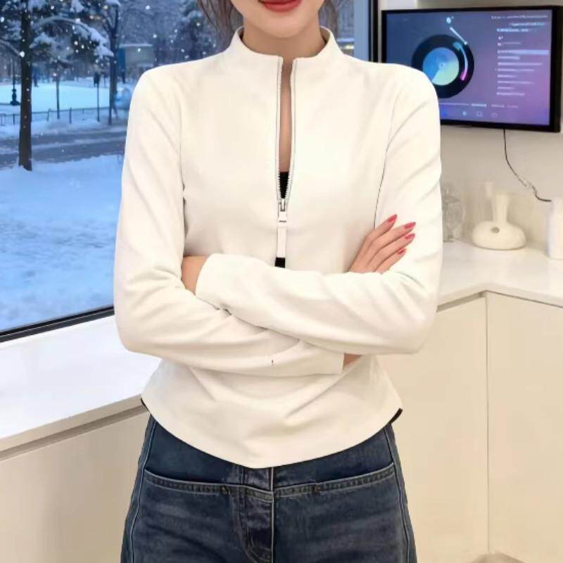 推荐大码纯棉半拉链圆领长袖T恤女2026秋季新款胖MM百搭显瘦修身