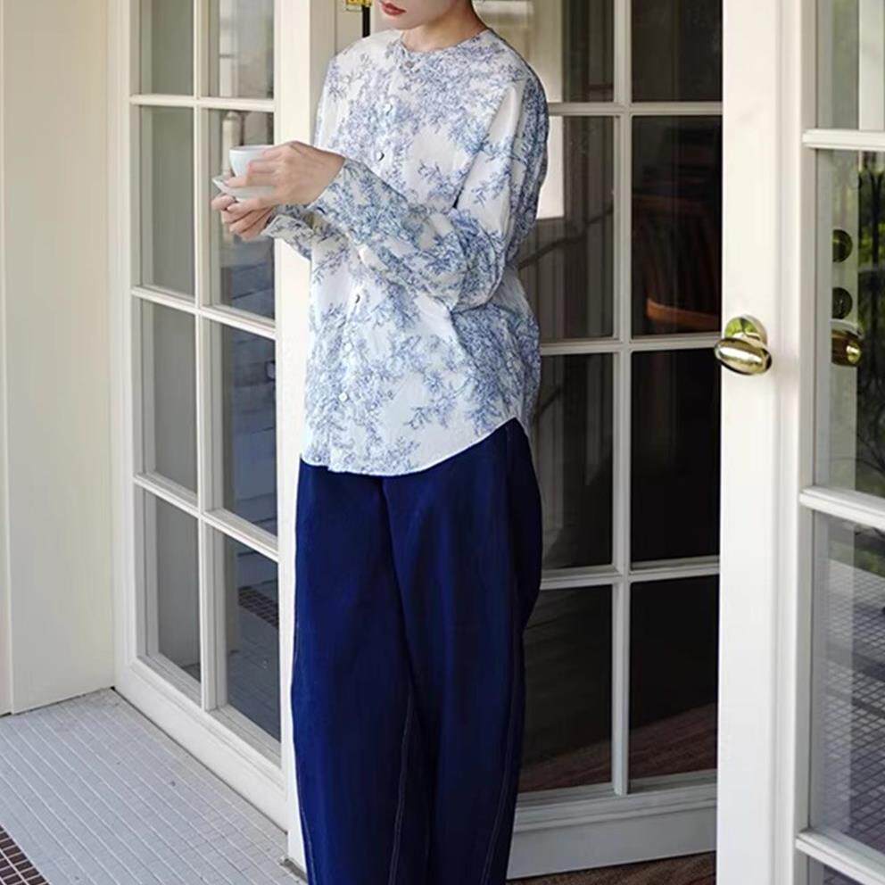 推荐新中式国风印花上衣2026春季新款女装纯棉圆领衬衫女长袖外搭