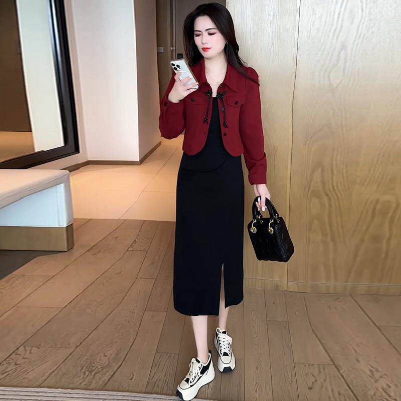 推荐时尚套装裙女2026春季新款时髦洋气牛仔短外套开叉吊带裙两件