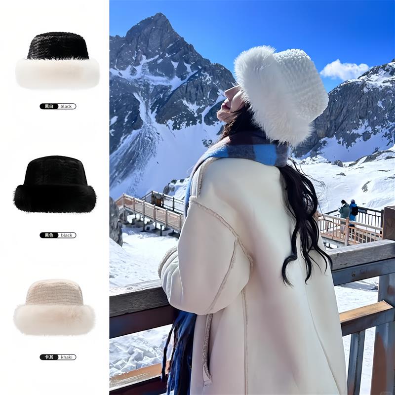 玉龙雪山帽子女士秋冬日雪地氛围感毛绒保暖白色渔夫帽长白山旅游