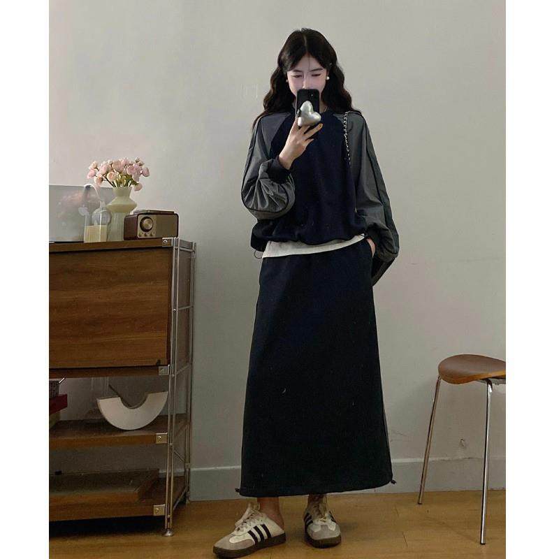 新品大码女装2025秋超火搭配一整套下摆抽绳卫衣藏蓝色半身裙两件