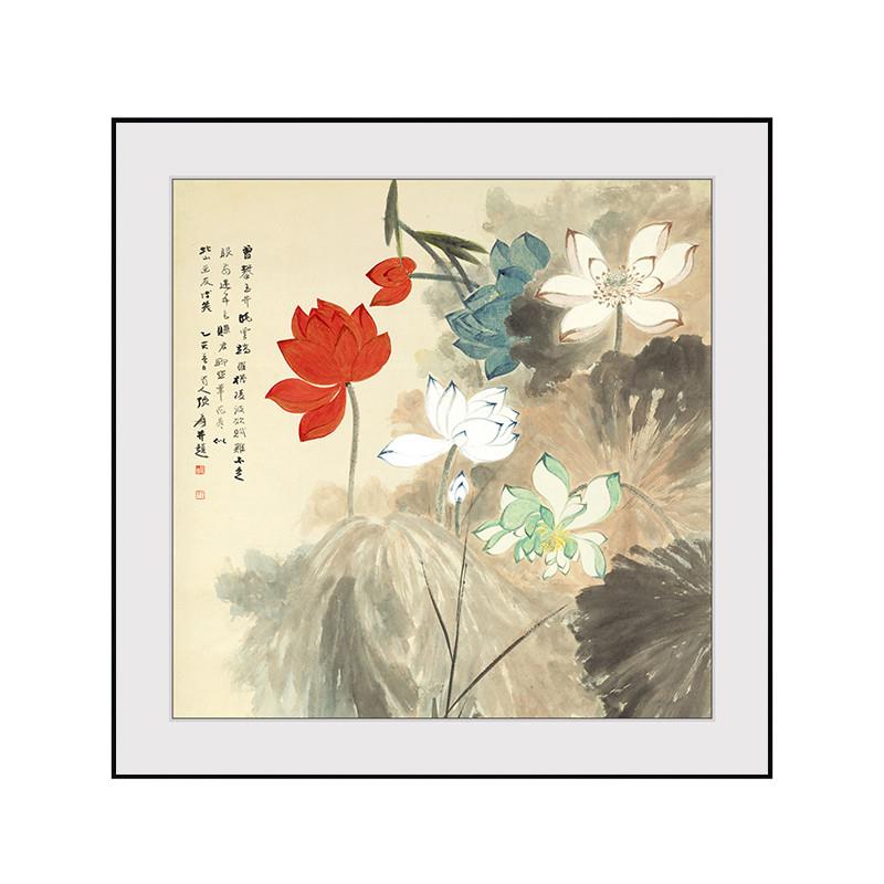 好货张大千五色荷花餐厅双联装饰画新中式正方形饭厅饭堂挂画玄关图片