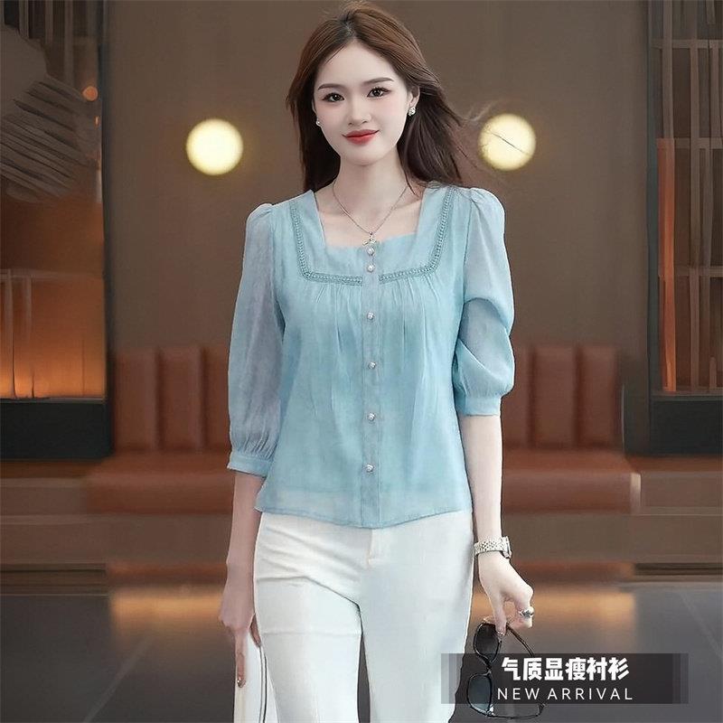 推荐法式七分袖方领衬衫女春秋季新款时尚洋气小衫宽松显瘦遮肚子
