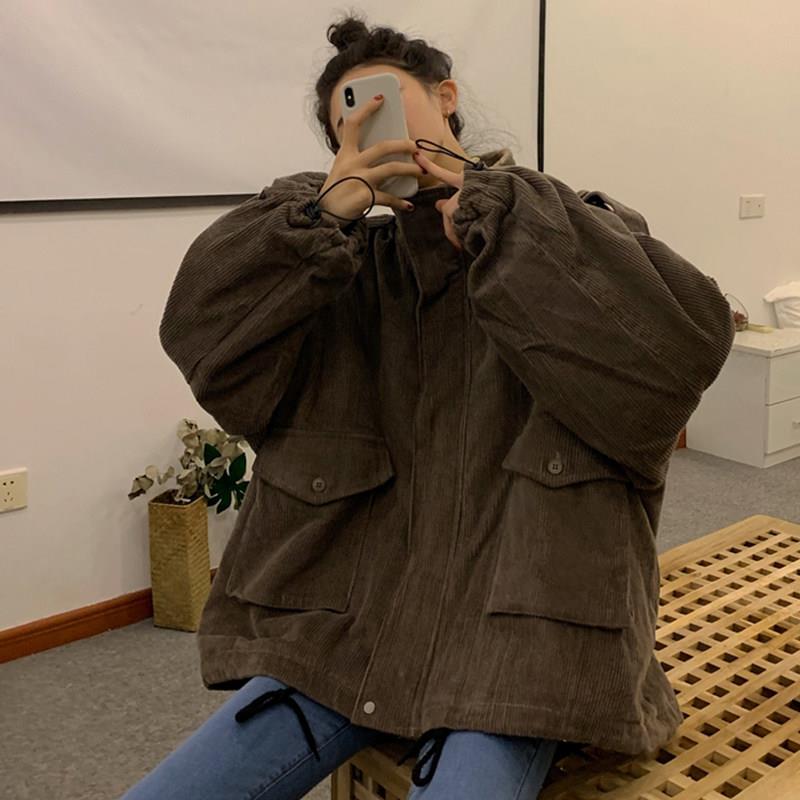 推荐灯芯绒外套女士秋冬季欧货新款加绒加厚工装休闲oversize毛绒