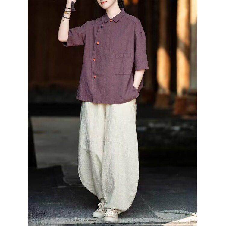 推荐新中式斜襟盘扣翻领短袖衬衫女文艺复古棉麻国风禅意茶服休闲